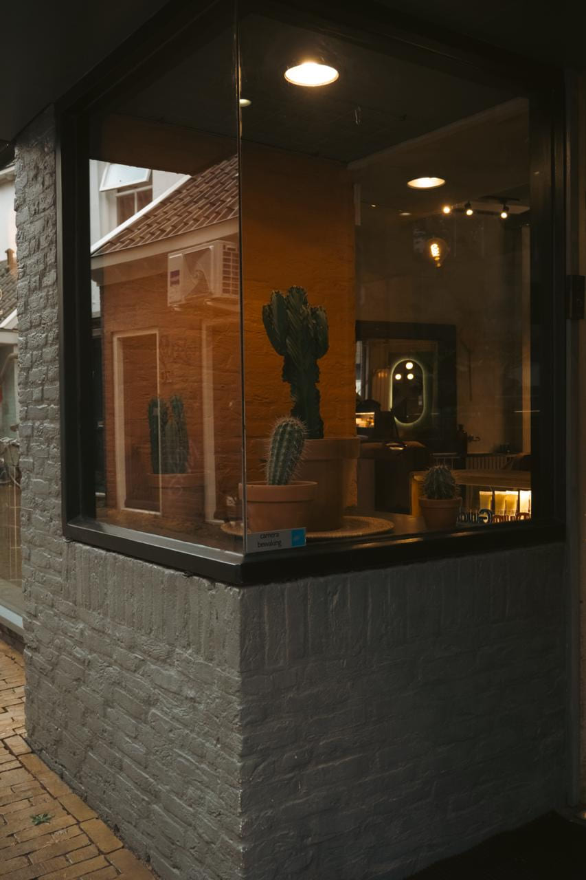 Hoekraam van buiten in de avond, cactussen op de vensterbank, warm licht binnen.